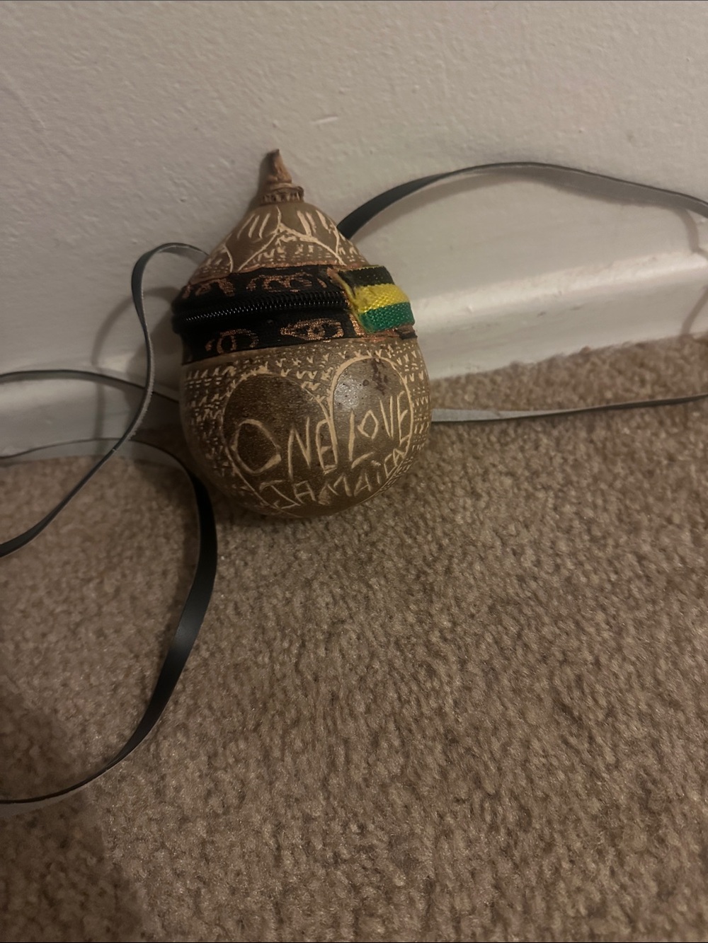 Hand-Carved Gourd Necklace Bag with Rasta Detail - Brown/Black/Green/Yellow